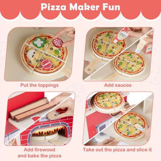 Kids Pizza Food Truck Wooden Pretend Play Snack Cart with Oven-Red