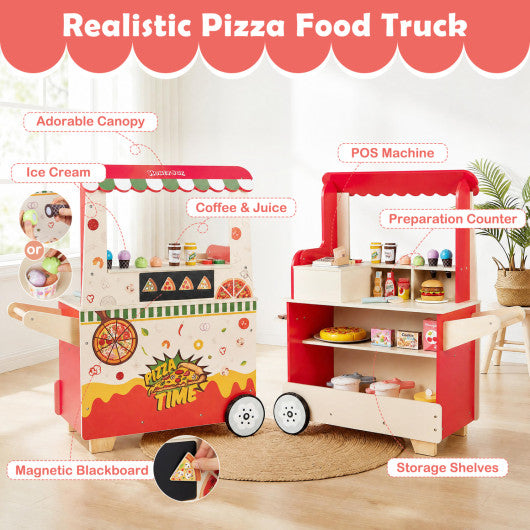 Kids Pizza Food Truck Wooden Pretend Play Snack Cart with Oven-Red
