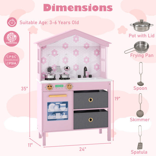 Kids Play Kitchen Children Toy Kitchen Playset with 2 Stoves and Rotation Knobs-Pink