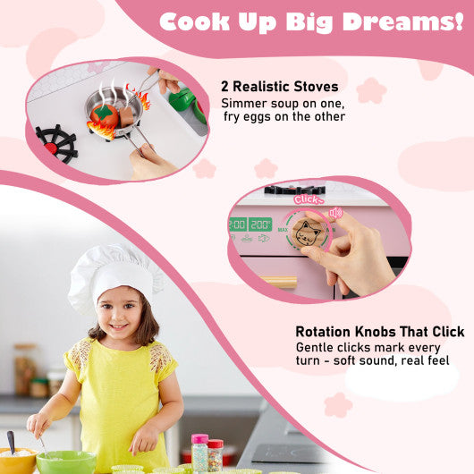 Kids Play Kitchen Children Toy Kitchen Playset with 2 Stoves and Rotation Knobs-Pink