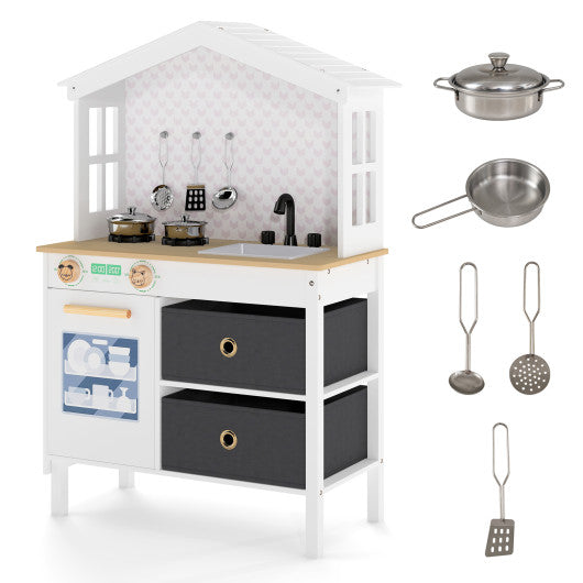Kids Play Kitchen Children Toy Kitchen Playset with 2 Stoves and Rotation Knobs-White