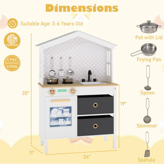 Kids Play Kitchen Children Toy Kitchen Playset with 2 Stoves and Rotation Knobs-White