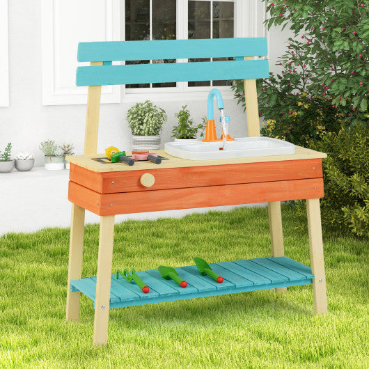 Kids Play Kitchen Set Wooden Kitchen Playset Chef Pretend Mud Kitchen-Blue