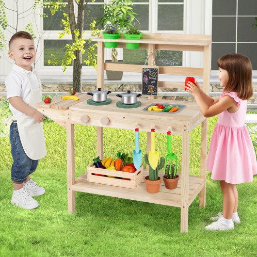 Kids Play Kitchen Set Wooden Kitchen Playset with Stoves for Boys Girls 3+-Natural