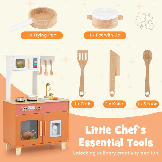 Kids Play Kitchen with Microwave and Rotation Knobs for Girls Boys Aged 3-6-Orange