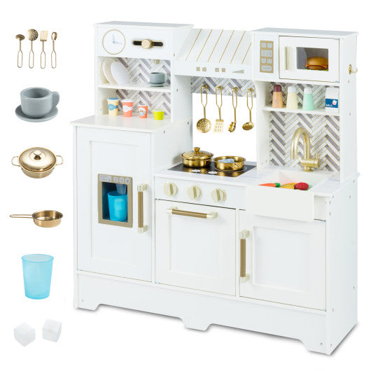 Kids Play Kitchen with Stoves and Faucet for Girls Boys Aged 3-6-White