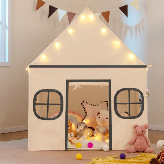 Kids Play Tent Large Playhouse with Door Curtain and Windows Star Lights-Beige
