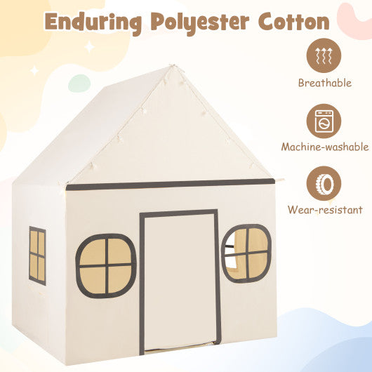 Kids Play Tent Large Playhouse with Door Curtain and Windows Star Lights-Beige