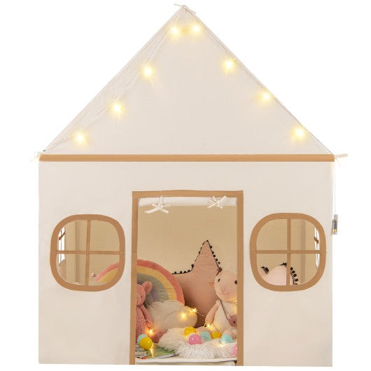 Kids Play Tent Large Playhouse with Door Curtain and Windows Star Lights-Coffee