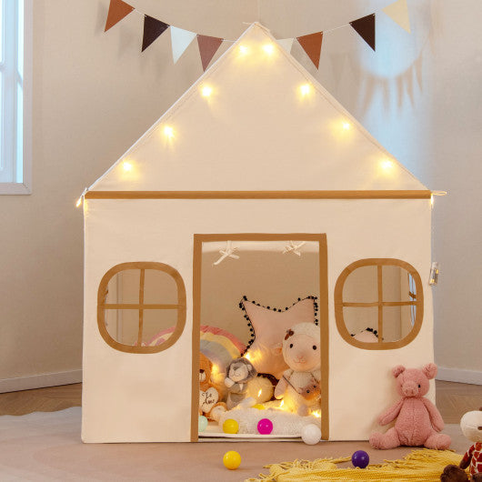 Kids Play Tent Large Playhouse with Door Curtain and Windows Star Lights-Coffee