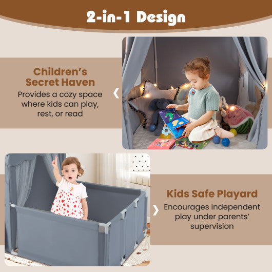 Kids Play Tent with Playpen 2-in-1 Toddler Playhouse with Yard-Grey