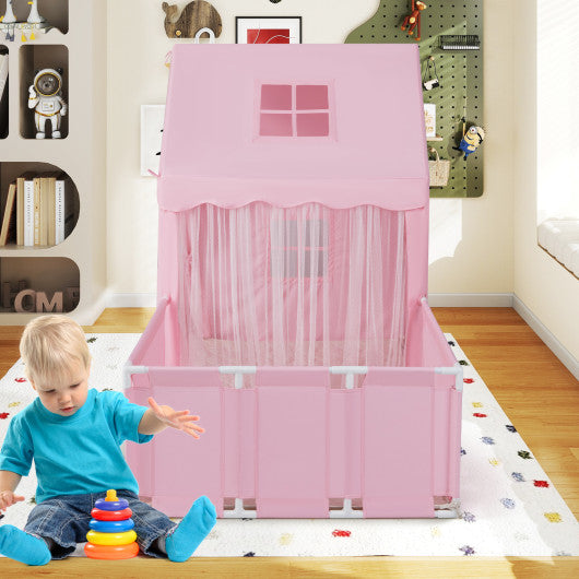 Kids Play Tent with Playpen 2-in-1 Toddler Playhouse with Yard-Pink