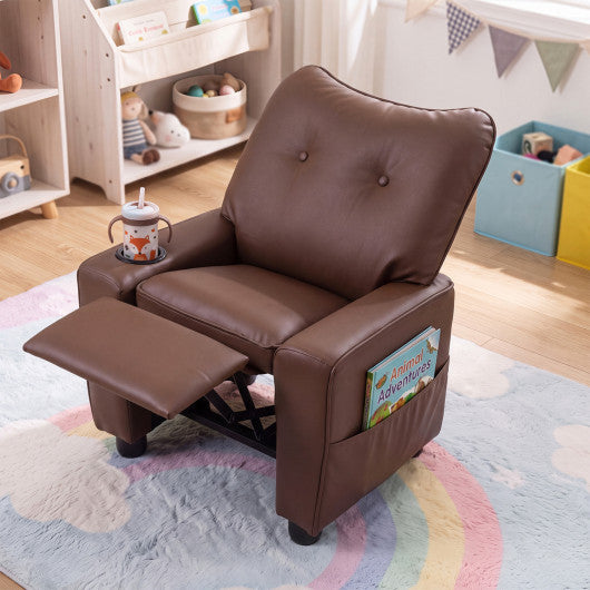 Kids Recliner with Cup Holder Armrests and Adjustable Backrest for Playroom-Brown