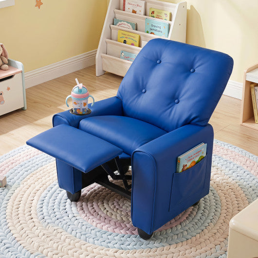 Kids Recliner with Cup Holder & Armrests and Adjustable Backrest Footrest-Blue