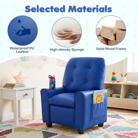 Kids Recliner with Cup Holder & Armrests and Adjustable Backrest Footrest-Blue