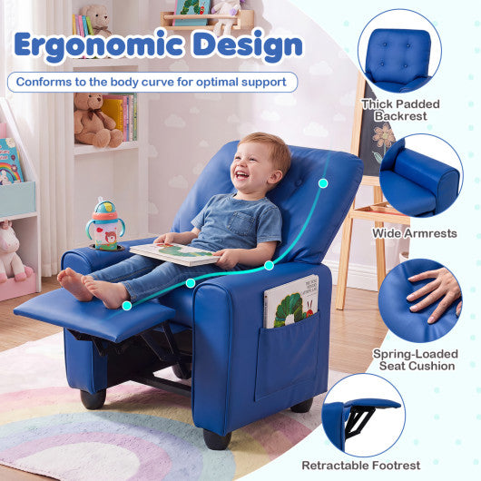 Kids Recliner with Cup Holder & Armrests and Adjustable Backrest Footrest-Blue