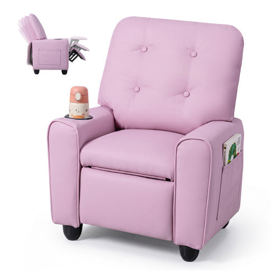 Kids Recliner with Cup Holder & Armrests and Adjustable Backrest Footrest-Pink