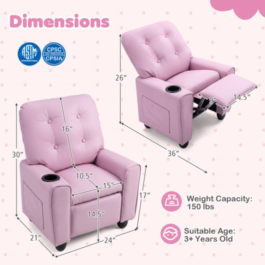 Kids Recliner with Cup Holder & Armrests and Adjustable Backrest Footrest-Pink