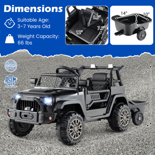 12V Kids Ride On UTV Car with Detachable Trailer-Black