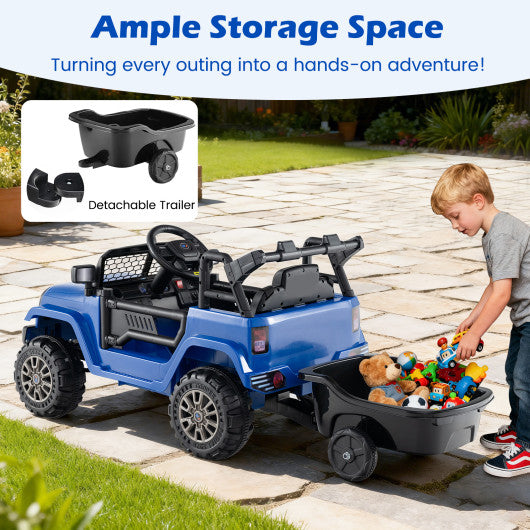 Kids Ride On UTV Car with Detachable Trailer 12V Battery Powered Ride On Truck-Navy
