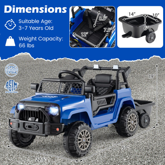Kids Ride On UTV Car with Detachable Trailer 12V Battery Powered Ride On Truck-Navy