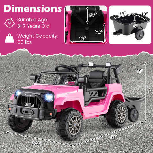 Kids Ride On UTV Car with Detachable Trailer 12V Battery Powered Ride On Truck-Pink
