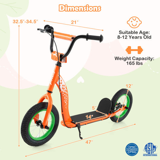 Kids Scooter Youth Kick Scooter with Adjustable Height Handlebar 12-Inch Inflatable Wheels-Orange