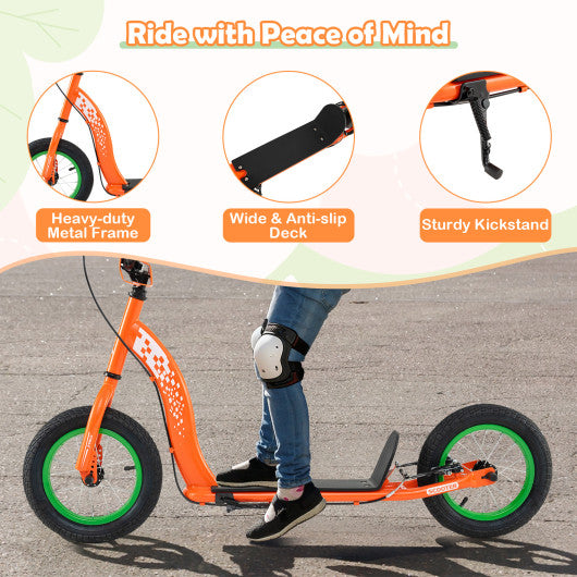 Kids Scooter Youth Kick Scooter with Adjustable Height Handlebar 12-Inch Inflatable Wheels-Orange