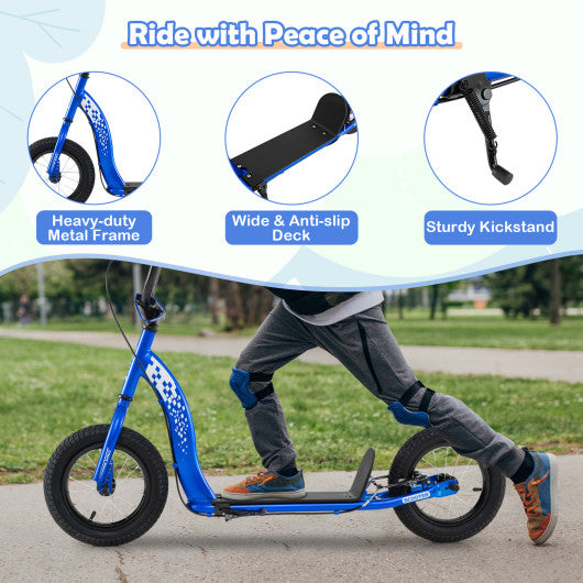Kids Scooter Youth Kick Scooter with Adjustable Height Handlebar 12-Inch Inflatable Wheels-Navy