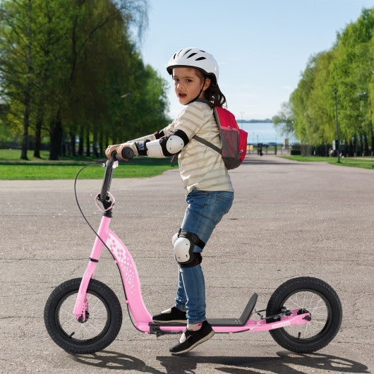 Kids Scooter Youth Kick Scooter with Adjustable Height Handlebar 12-Inch Inflatable Wheels-Pink