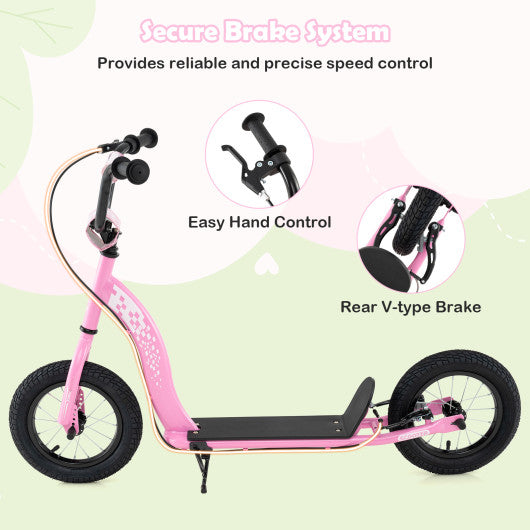 Kids Scooter Youth Kick Scooter with Adjustable Height Handlebar 12-Inch Inflatable Wheels-Pink