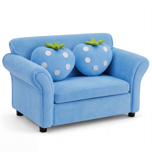 Kids Strawberry Armrest Chair Sofa with 2 Cute Strawberry Pillows-Light Blue