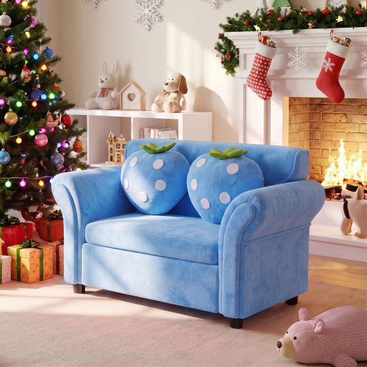 Kids Strawberry Armrest Chair Sofa with 2 Cute Strawberry Pillows-Light Blue