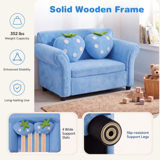 Kids Strawberry Armrest Chair Sofa with 2 Cute Strawberry Pillows-Light Blue