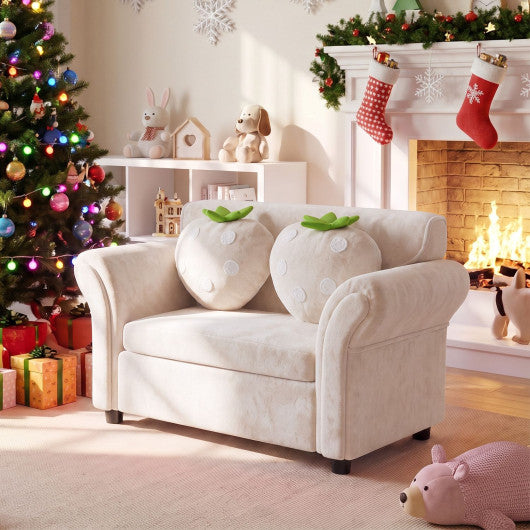Kids Strawberry Armrest Chair Sofa with 2 Cute Strawberry Pillows-Beige