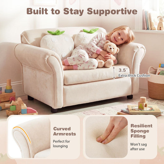 Kids Strawberry Armrest Chair Sofa with 2 Cute Strawberry Pillows-Beige