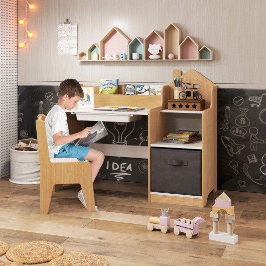 Kids Study Desk and Chair Set with Open Shelves Drawer and Fabric Storage Bin-Natural