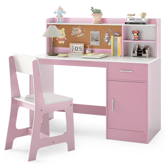 Kids Study Desk and Chair Set Student Table and Chair-White + Pink