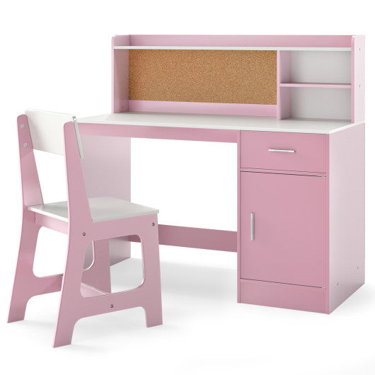 Kids Study Desk and Chair Set Student Table and Chair-White + Pink