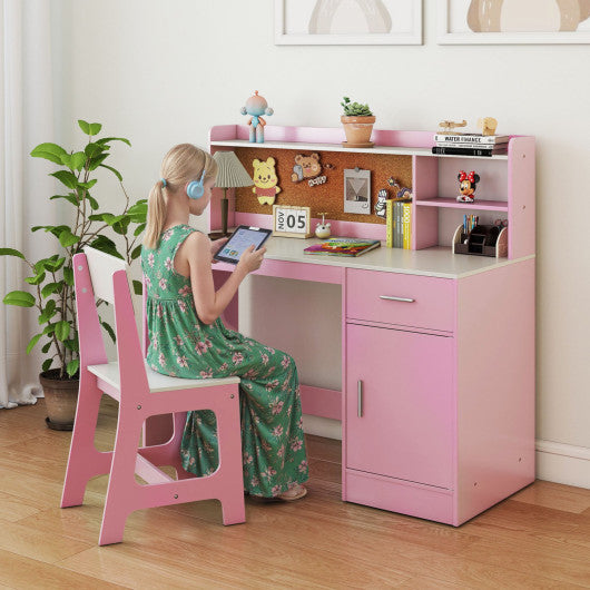 Kids Study Desk and Chair Set Student Table and Chair-White + Pink