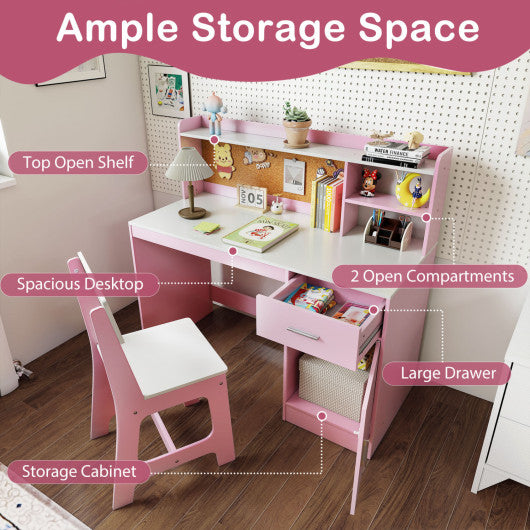 Kids Study Desk and Chair Set Student Table and Chair-White + Pink