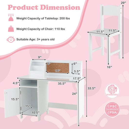 Wooden Kids Study Desk and Chair Set with Storage Cabinet and Bulletin Board-White