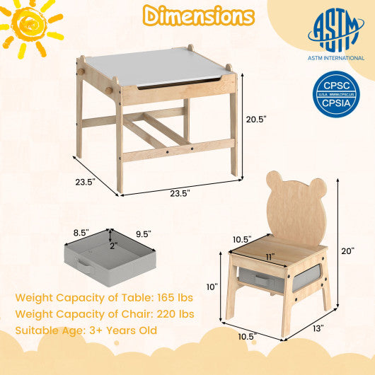 Kids Table and Chairs Set with Reversible Whiteboard-Panda-shaped