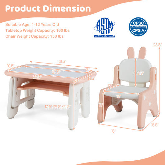 Kids Table and Chair Set with Flip-Top Bookshelf-Pink