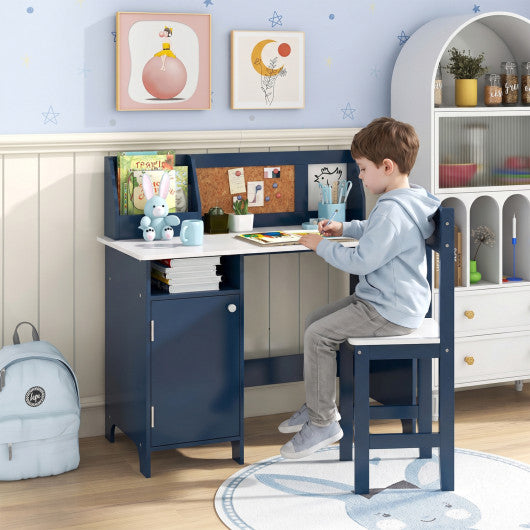 Kids Table and Chair Set with Bookshelf and Cabinet Study Table for Bedroom-Blue