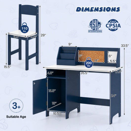 Kids Table and Chair Set with Bookshelf and Cabinet Study Table for Bedroom-Blue