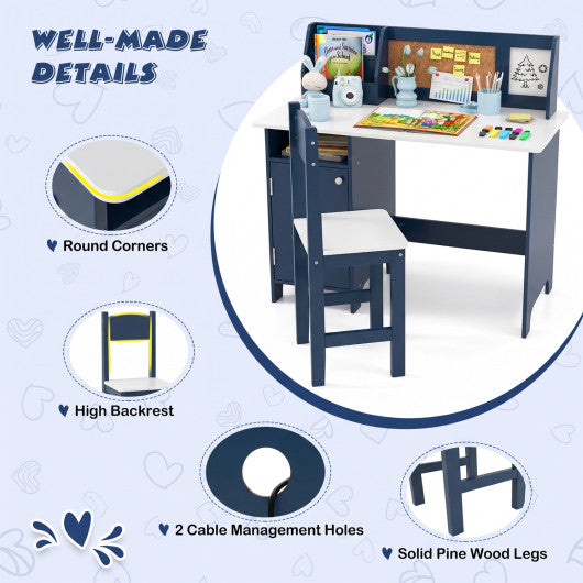 Kids Table and Chair Set with Bookshelf and Cabinet Study Table for Bedroom-Blue