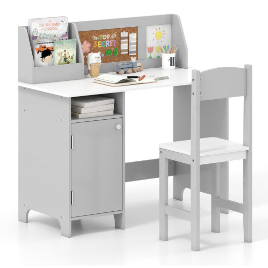 Kids Table and Chair Set with Bookshelf and Cabinet Study Table for Bedroom-Gray