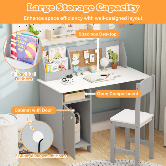 Kids Table and Chair Set with Bookshelf and Cabinet Study Table for Bedroom-Gray