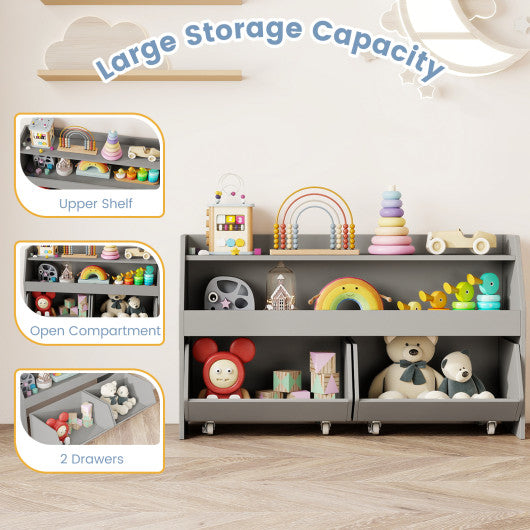 Kids Toy Storage Organizer Wooden Bookcase with 2 Movable Drawers-Gray